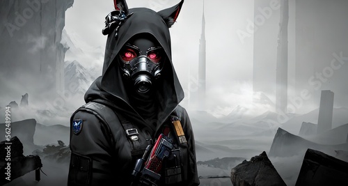 a mercenary wearing mask with black clothes hoodie 