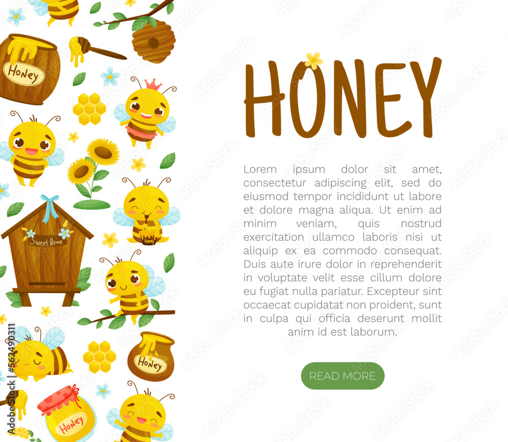 Cute Honey Bee Design with Busy Insect and Natural Sweet Food Vector Template