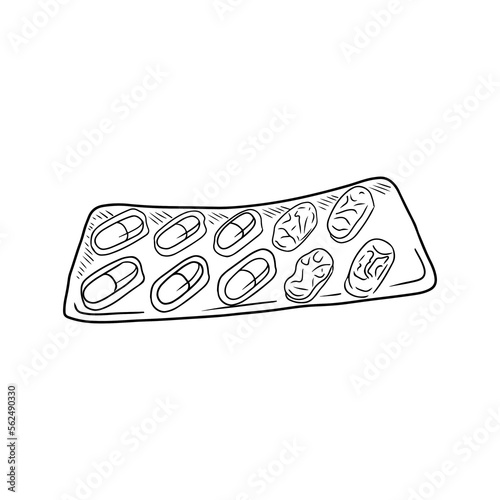 Realistic full drug blister with medications in black isolated on white background. Hand drawn vector sketch illustration in doodle simple outline vintage engraved style. Pain killer, vitamin.