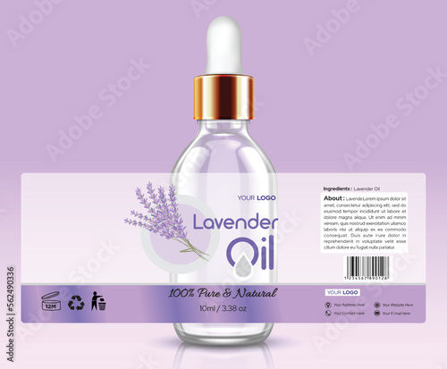 Lavender Essential Oil Label Design 3D illustration glass bottle with golden dropper