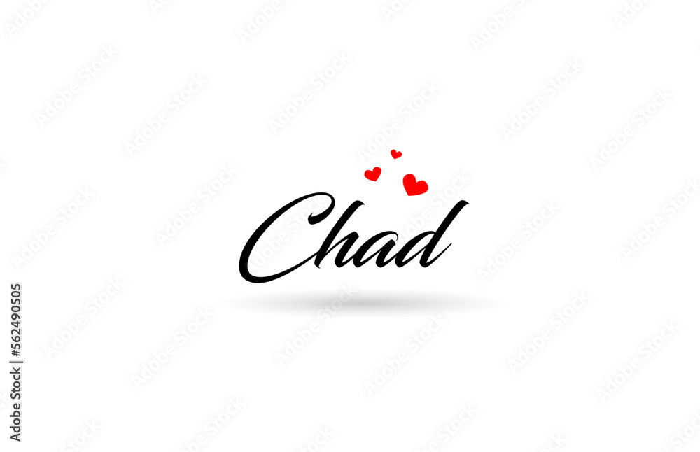 Chad name country word with three red love heart. Creative typography logo icon design