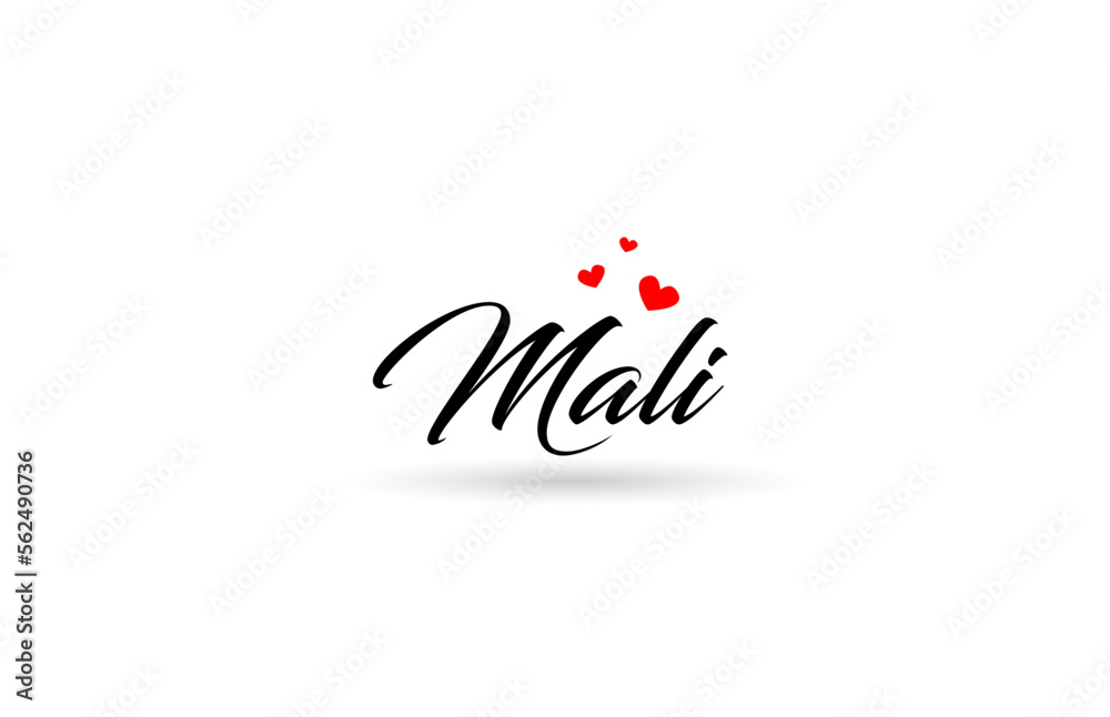 Mali name country word with three red love heart. Creative typography logo icon design