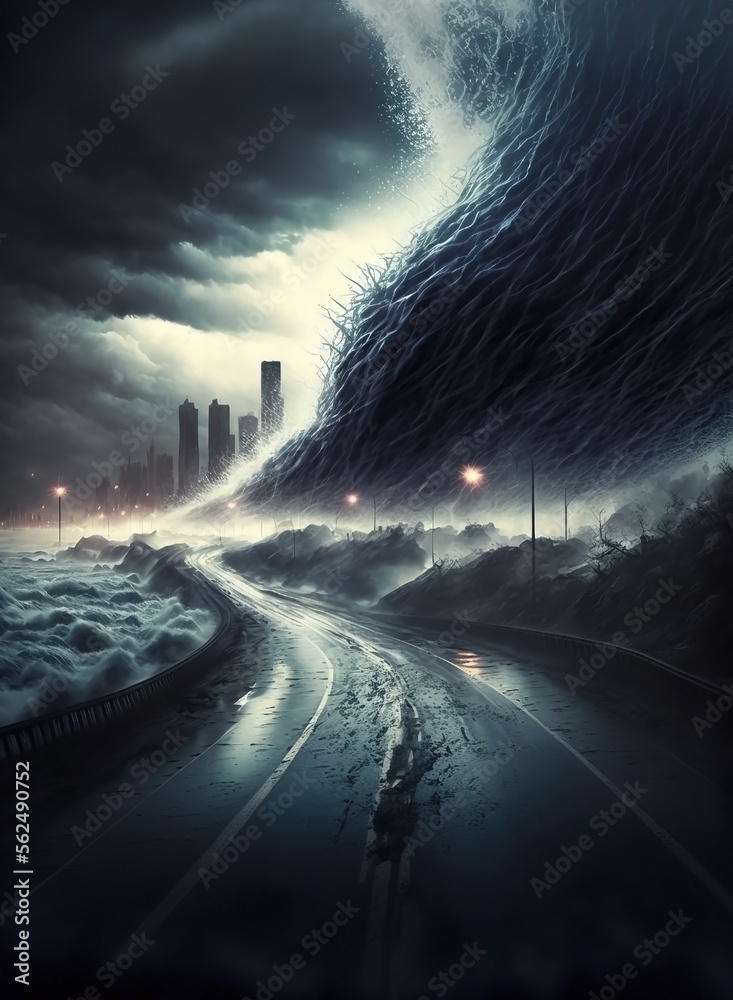 Giant waves crushing a entire city. Stormy post apocalypse city. End of the world. City destruction. Water destruction. Stormy weather.