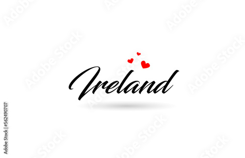 Ireland name country word with three red love heart. Creative typography logo icon design © dragomirescu