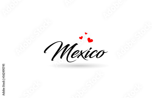 Mexico name country word with three red love heart. Creative typography logo icon design