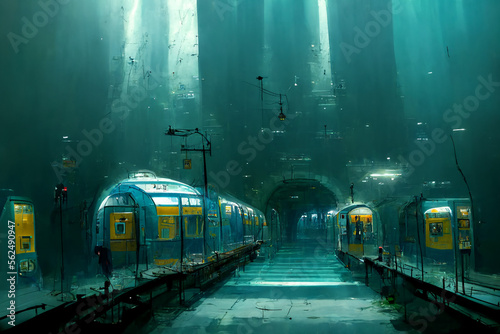 Underwater subway train station, generated with generative AI