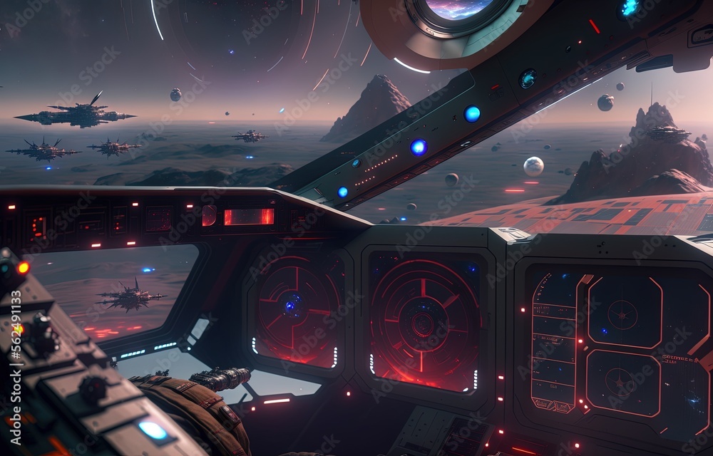 futuristic spacecraft interior cockpit with futuristic technologies and a window looking outside planets and spacecrafts
futuristic spacecraft interior cockpit with futuristic technologies and a window looking outside planets and spacecrafts
