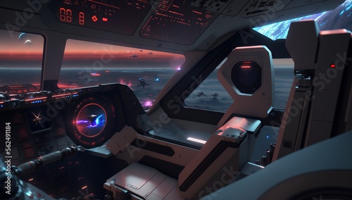 futuristic spacecraft interior cockpit with futuristic technologies and a window looking outside planets and spacecrafts