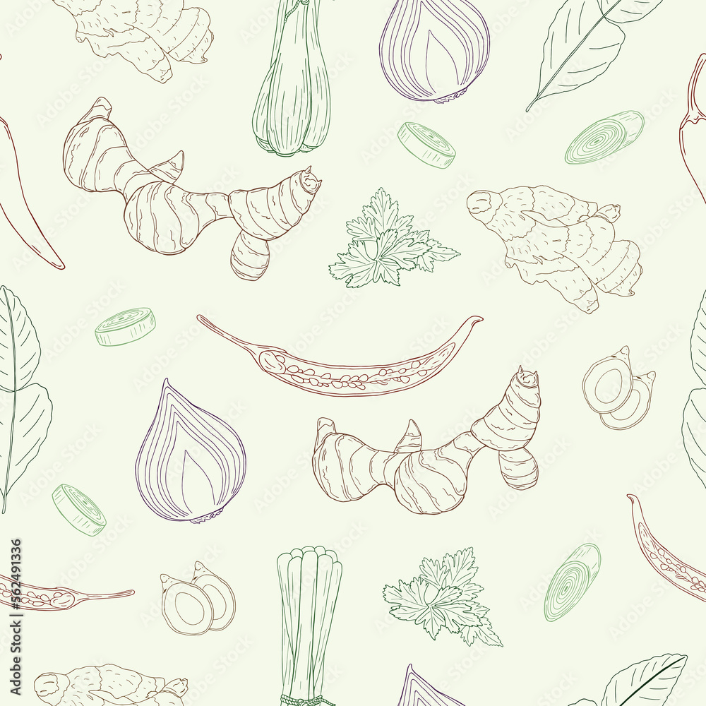 Seamless vector pattern of line hand drawn Thai spices on light green background Seamless vector pattern of line hand drawn Thai spices on light green background