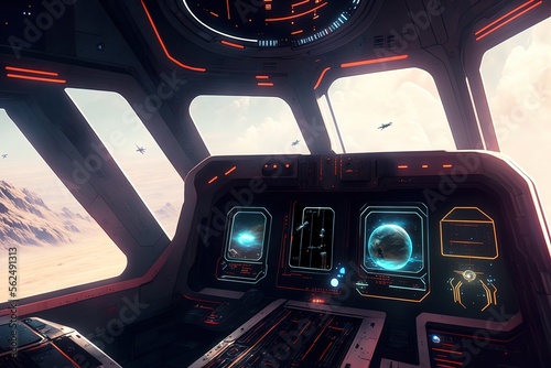 futuristic spacecraft interior cockpit with futuristic technologies and a window looking outside planets and spacecrafts

