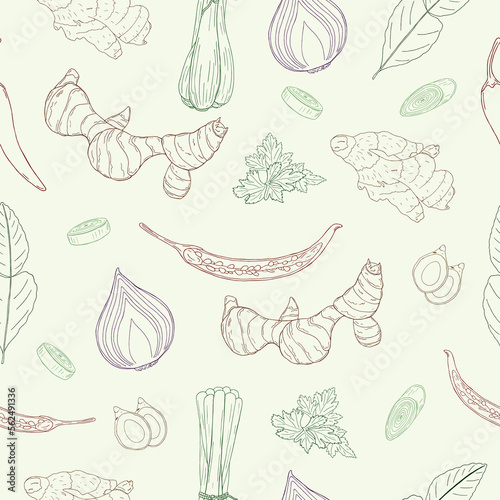 Seamless vector pattern of line hand drawn Thai spices on light green background