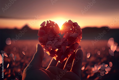 Valentine's Day. A heart of rose petals in hand. A beautiful sunset in the background. Generative AI.