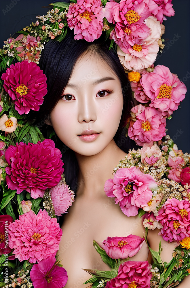 Portrait of a naked young asian woman with pink flowers. Generative AI