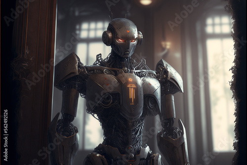 Portrait of a cyborg robot inside an apartement. Generative AI