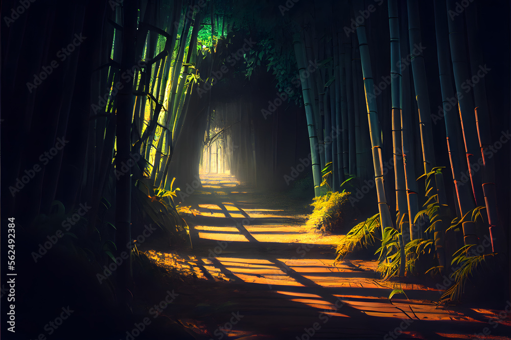 dark bamboo forest in the night, generative ai