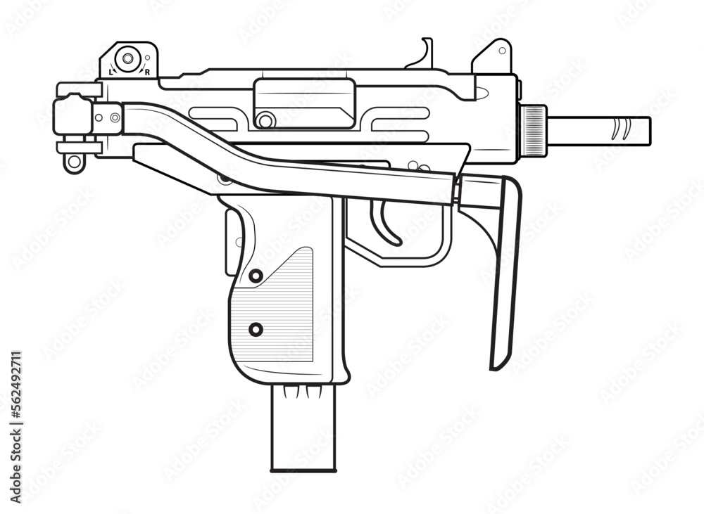 Vector illustration of the MICRO UZI israel machine gun with folded stock on the white background. Right side. - obrazy, fototapety, plakaty 