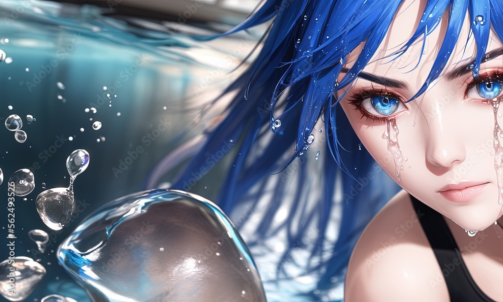 a woman with blue hair and deep detailed blue eyes controlling water with her mind a woman with blue hair and deep detailed blue eyes controlling water with her mind
