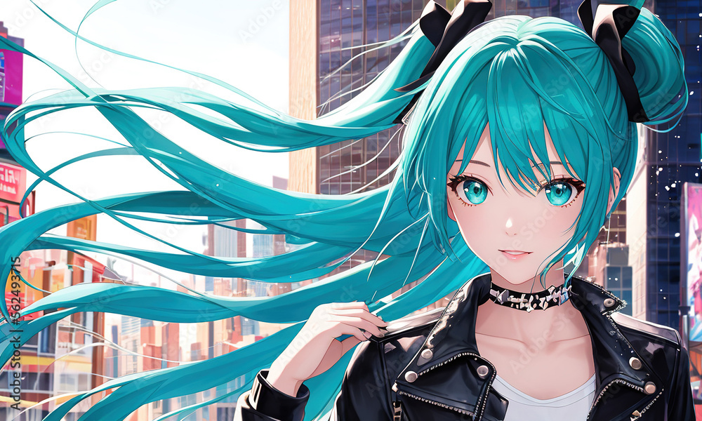 Fototapeta premium anime portrait of a girl with blue hair in the city