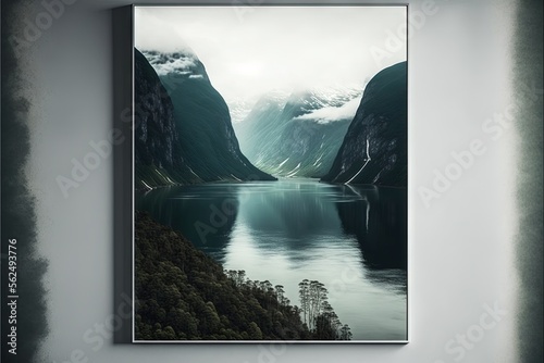  a picture of a mountain lake with a mountain range in the background and a mirror hanging on the wall above it that is a picture of a mountain range with a lake and a forest.