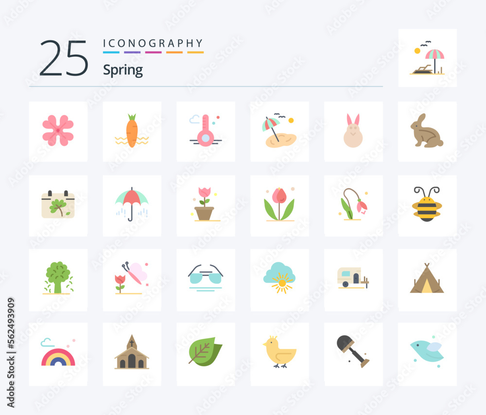Spring 25 Flat Color icon pack including easter. spring. temperature. tree. beach