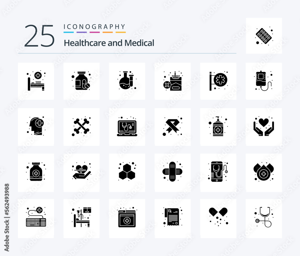 Medical 25 Solid Glyph icon pack including blood. medical center. laboratory. hospital signboard. cigarette