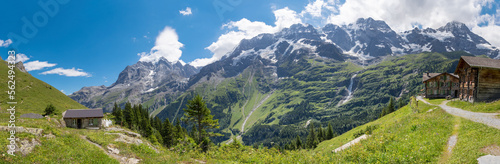 The panorama of Hineres Lauterbrunnental valley  with the peaks Grosshorn and Breithorn and Holdrifall waterfall. photo