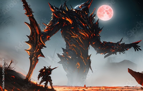 stylized painting of a person with armor  standing in front of a giant monster like creature under red moon photo