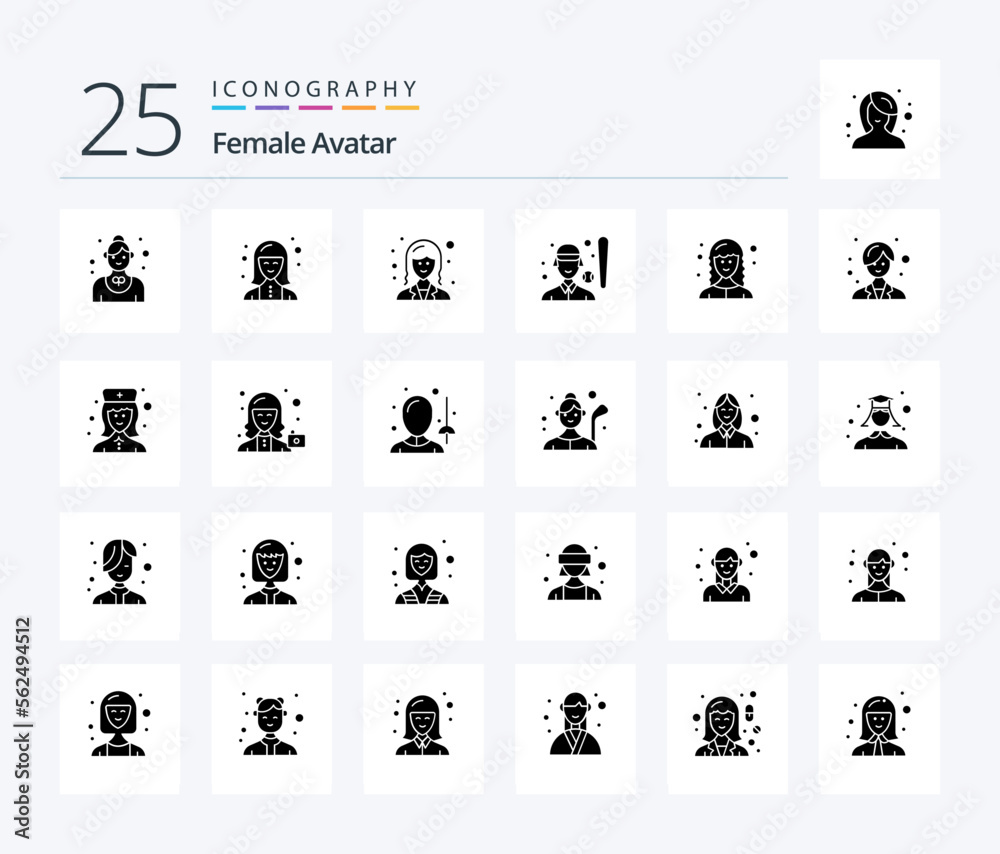 Female Avatar 25 Solid Glyph icon pack including player. baseball player. technician. baseball. female