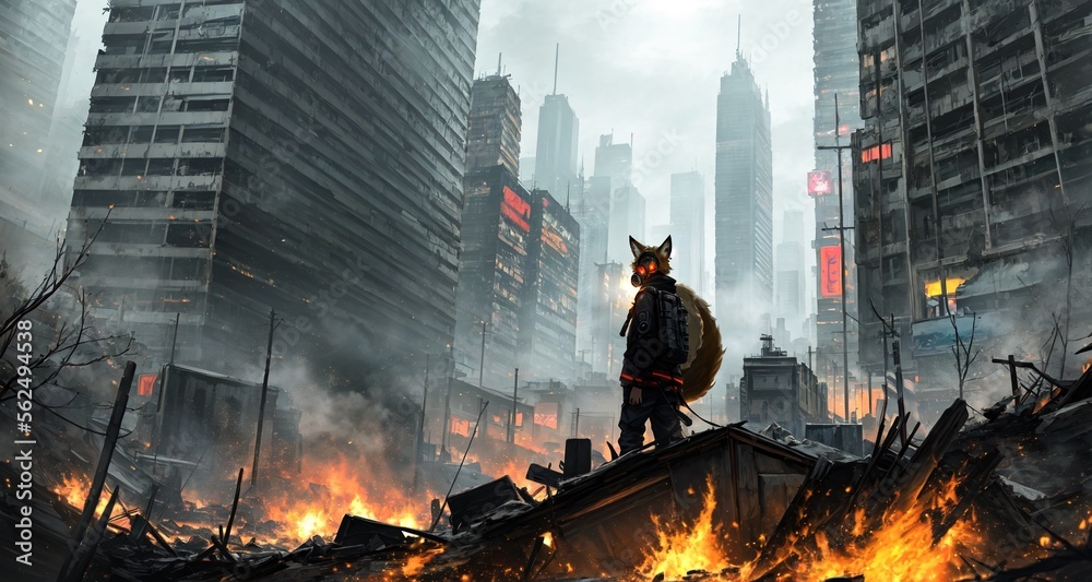 fox like monster destroys a city - obrazy, fototapety, plakaty 