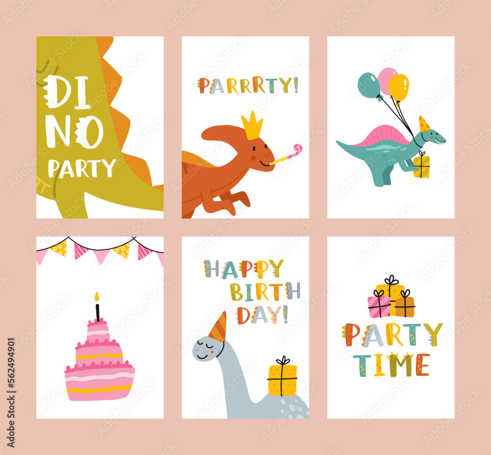 Happy birthday. Lovely vector illustration with funny dinosaur and gift. Hand drawn print, greeting card or poster for children room decoration. Flat cartoon dino character and lettering