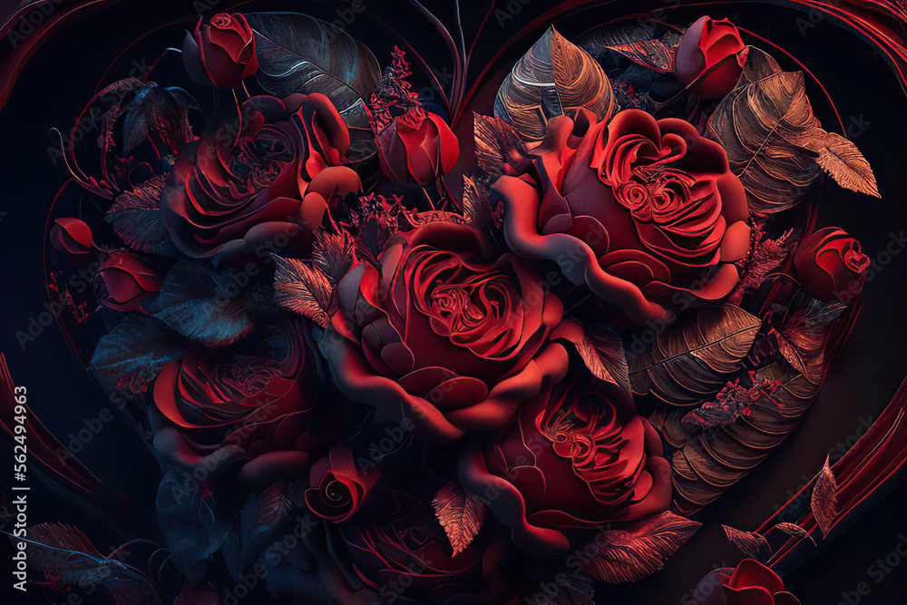 Obraz premium Beautiful bouquet of dark red roses in the shape of a heart, love, valentine, Generative AI