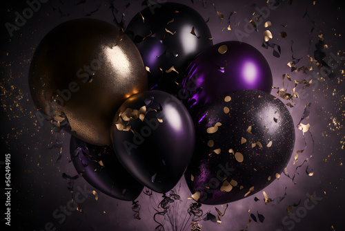 Luxury dark background with black  purple and gold balloons. Generative AI.