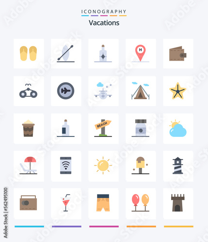 Creative Vacations 25 Flat icon pack Such As beach. purse. sunblock. money. location