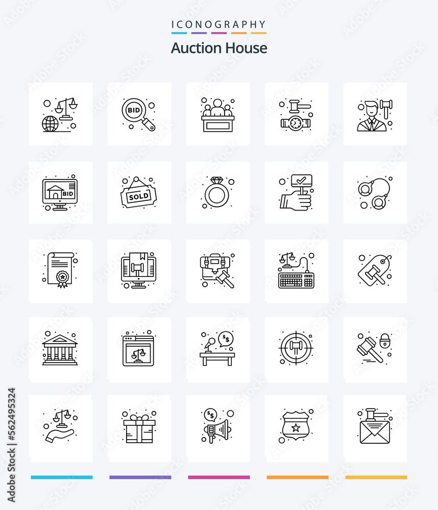 Creative Auction 25 OutLine icon pack  Such As justice. attorney. bid. wrist. clock
