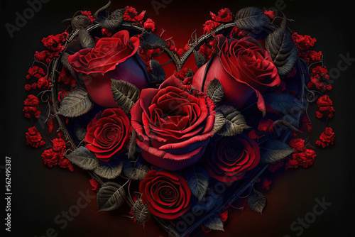 Beautiful heart with red roses  dark red background  love  valentine  Generative AI
