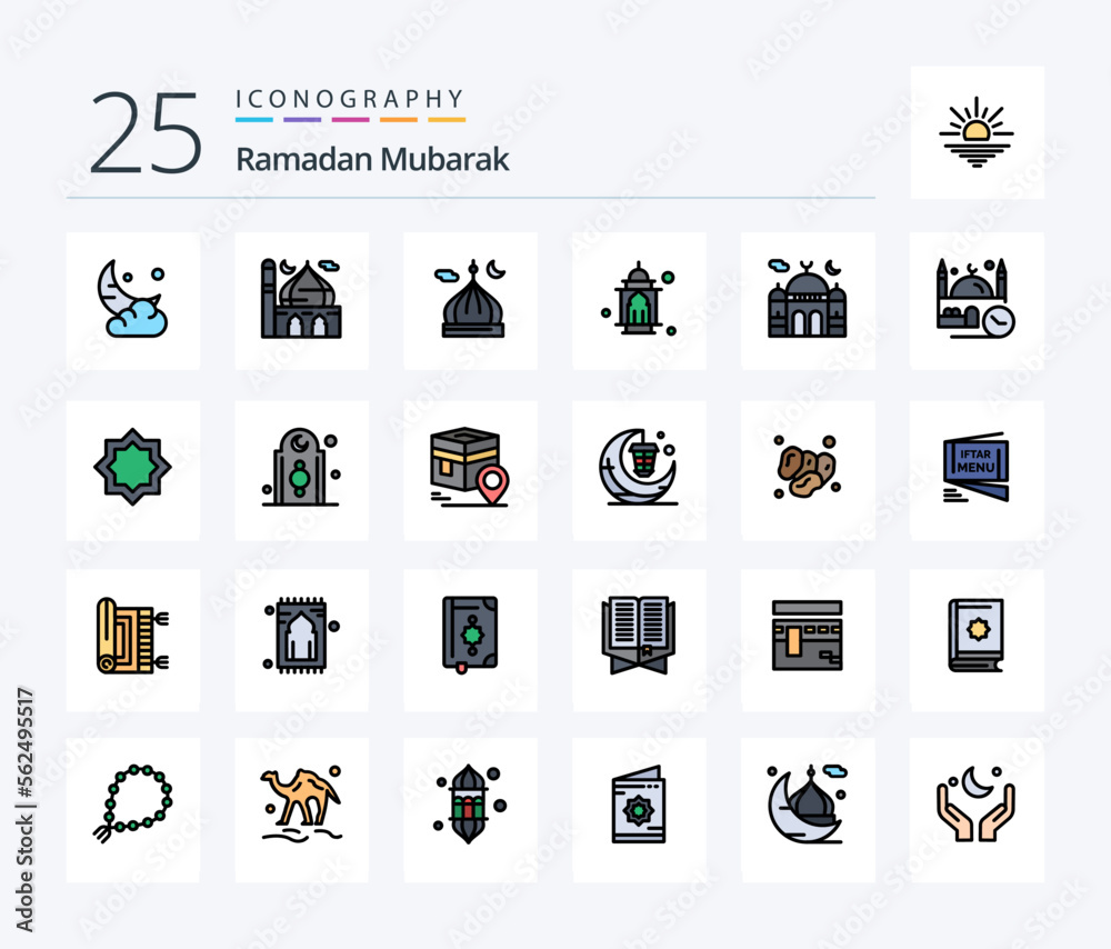 Ramadan 25 Line Filled icon pack including muslim. art. moon. namaz. masjid