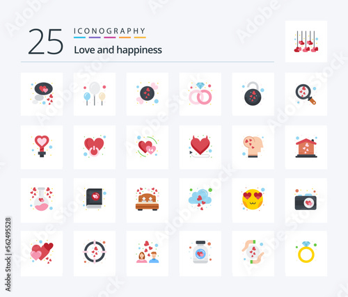 Love 25 Flat Color icon pack including heart. lock. love. heart. present