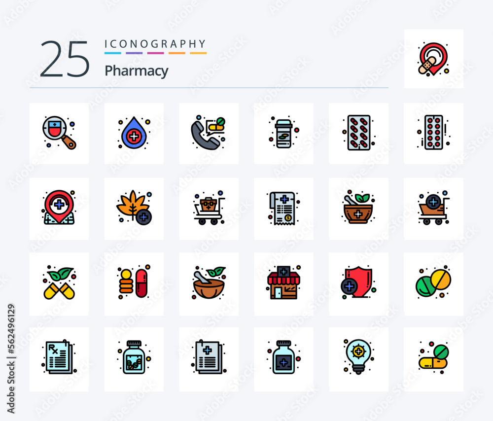 Pharmacy 25 Line Filled icon pack including pills. capsule. contact. pills. medicine