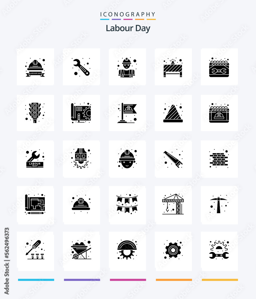 Creative Labour Day 25 Glyph Solid Black icon pack  Such As construction. red light. builder. stop. board