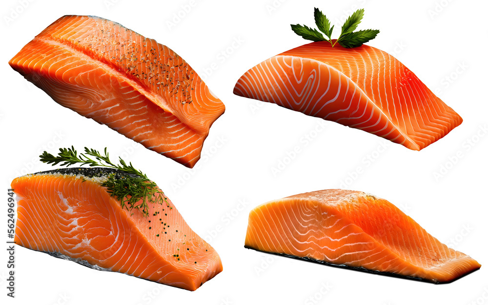 Set of Fresh salmon pieces cube steaks with rosemary on transparent background Set of Fresh salmon pieces cube steaks with rosemary on transparent background
