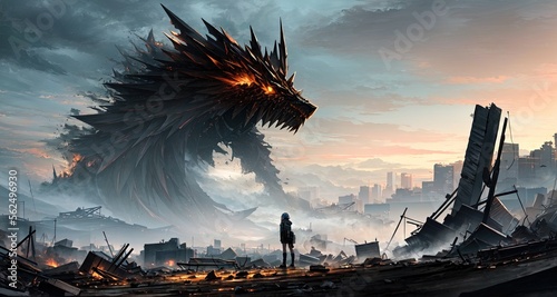 a man standing in front of a giant dragon