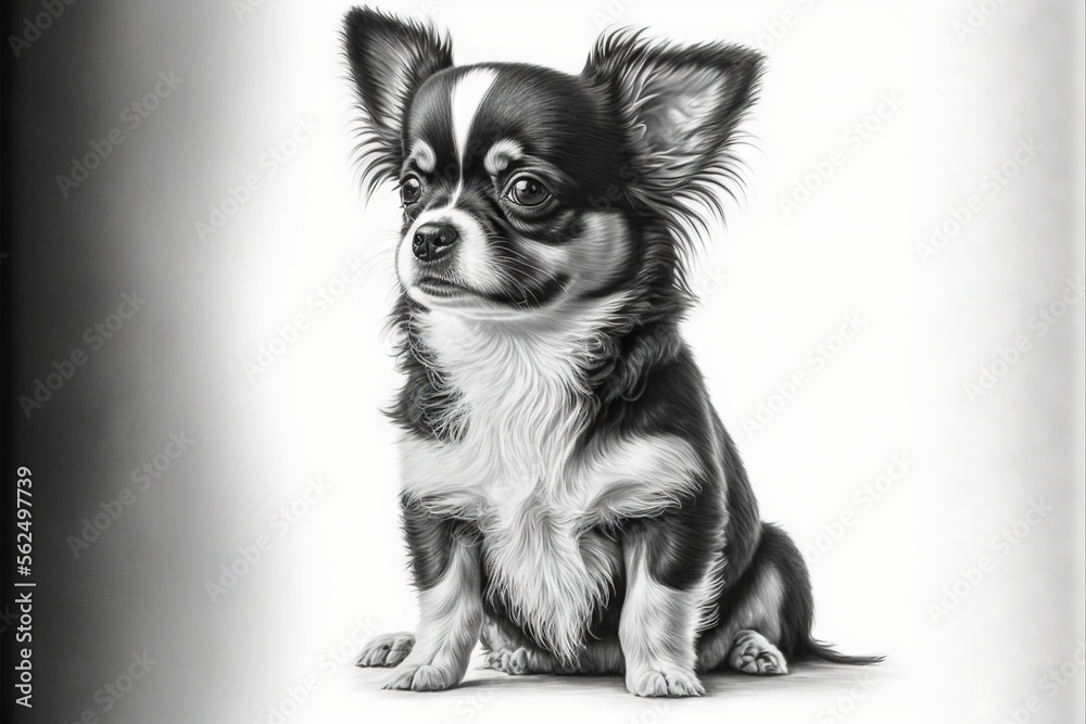  a black and white drawing of a small dog sitting down with its ears up and eyes wide open, looking at the camera, with a white background of a black and white backdrop,. Generative AI