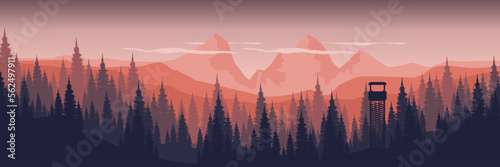 sunrise in the foggy mountains forest silhouette flat design vector illustration good for web banner, ads banner, tourism banner, wallpaper, background template, and adventure design backdrop