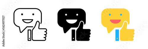 Social media likes line icon. Chat bubble with shadow. Thumbs up sign. Positive smile feedback symbol. Thin line like icon.