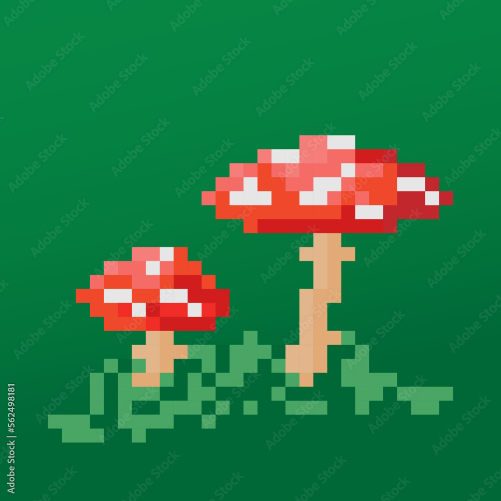 Obraz premium Pixel art mushroom. Fly agaric in retro style. Nostalgia. Old games. Vector illustration