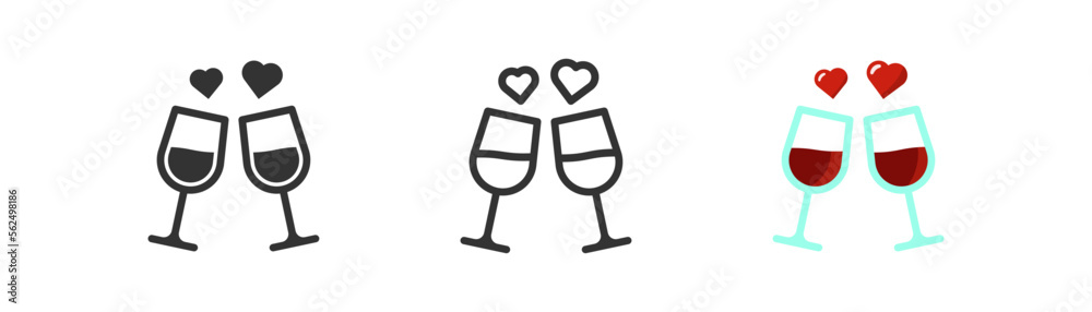 Two wineglasses with wine, and with hearts icon. Celebrating, love symbol. St. Valentine's day concept. Red wine and hearts signs. Outline, flat, and colored style. Flat design. Two wineglasses with wine, and with hearts icon. Celebrating, love symbol. St. Valentine's day concept. Red wine and hearts signs. Outline, flat, and colored style. Flat design.