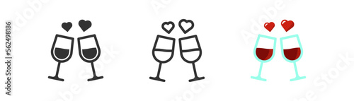 Two wineglasses with wine, and with hearts icon. Celebrating, love symbol. St. Valentine's day concept. Red wine and hearts signs. Outline, flat, and colored style.  Flat design.