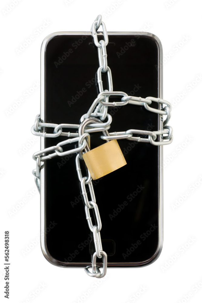 Smart phone in chain with lock. ecurity, data protection and software lock theme. Isolated png with transparency