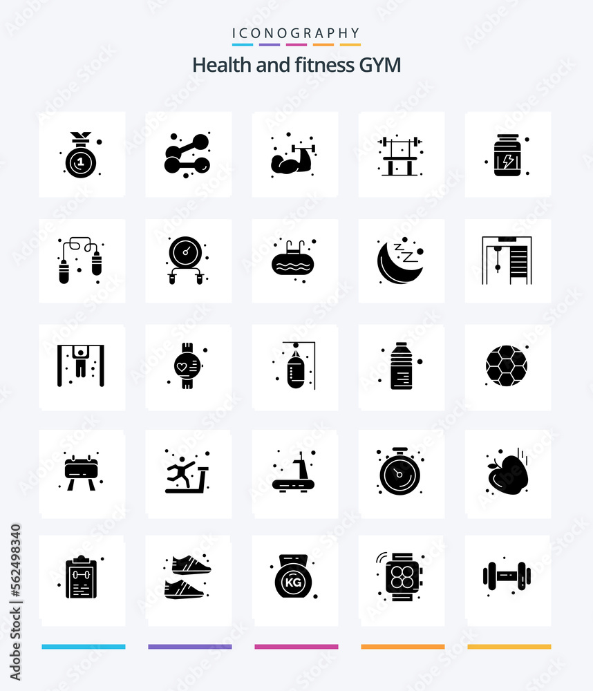 Creative Gym 25 Glyph Solid Black icon pack  Such As fitness. vitamins. bench. supplement. gym