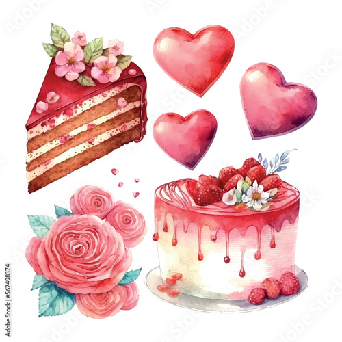 Vector cute objects and elements for Valentine's Day cards: flowers, heart, sweets, cake, key, candy, rose, lollipop, ice cream cart